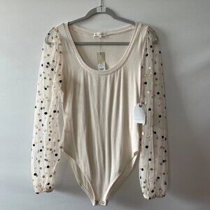 NWT Coco + Jaimeson Womens White Long Sleeve Mesh Polka Dot Bodysuit Size Large